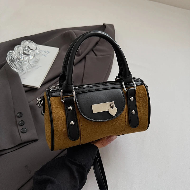 Faux Suede Shoulder Bag - Vintage Style Small Bucket Crossbody With Zipper Closure
