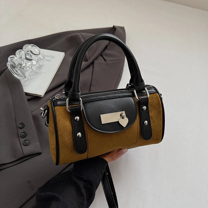 Faux Suede Shoulder Bag - Vintage Style Small Bucket Crossbody With Zipper Closure