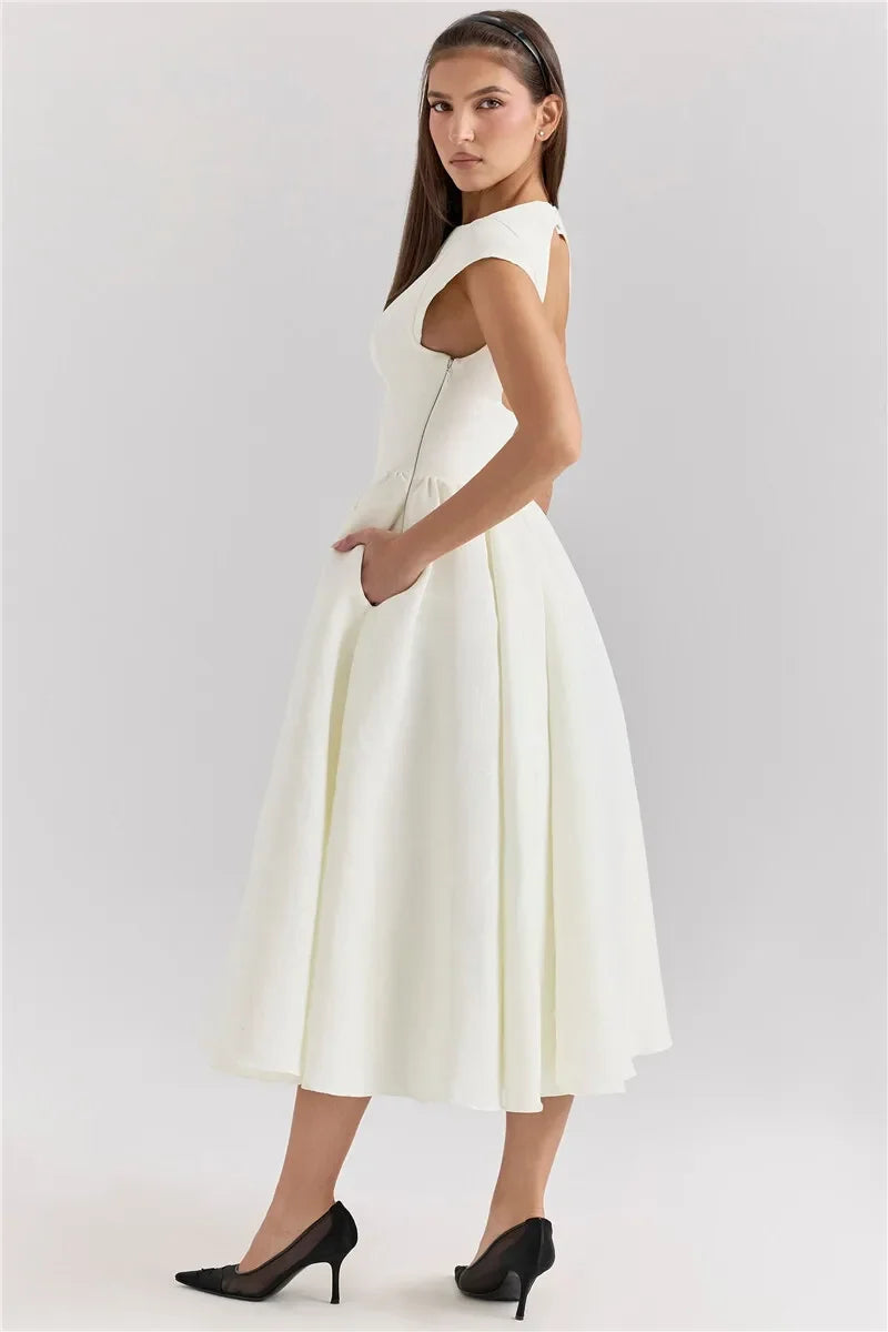 Circle Cut Out Back Dress - Fitted Waist Prom Dress With Wide Shoulders & Fluffy Hem