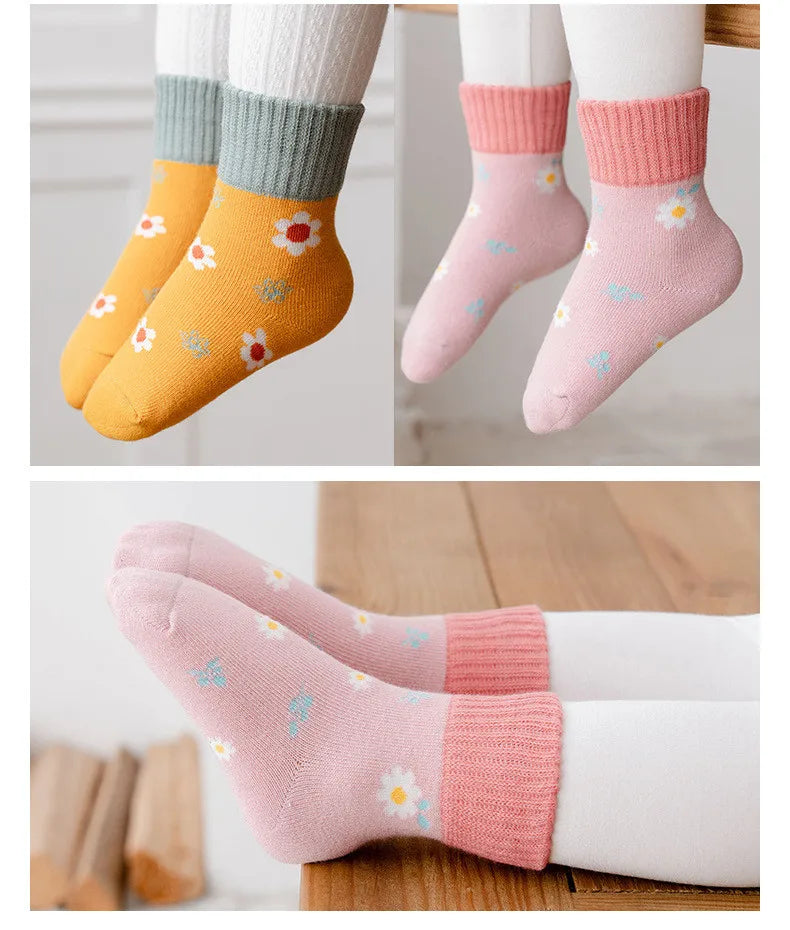 5Pairs/Lot Cute Stripe Cartoon Kids Socks Knit Warm Girls Boys Children Sock Baby Flower Floral Short Socken For 1-9Years