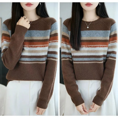 Autumn and winter 100% pure wool striped retro style round-neck wool knit women's long-sleeved versatile sweater top