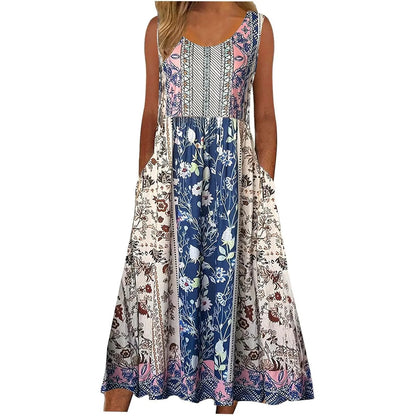 Sleeveless Pullover Dress - Women's Casual Knee-Length Print Pattern Dress in Polyester