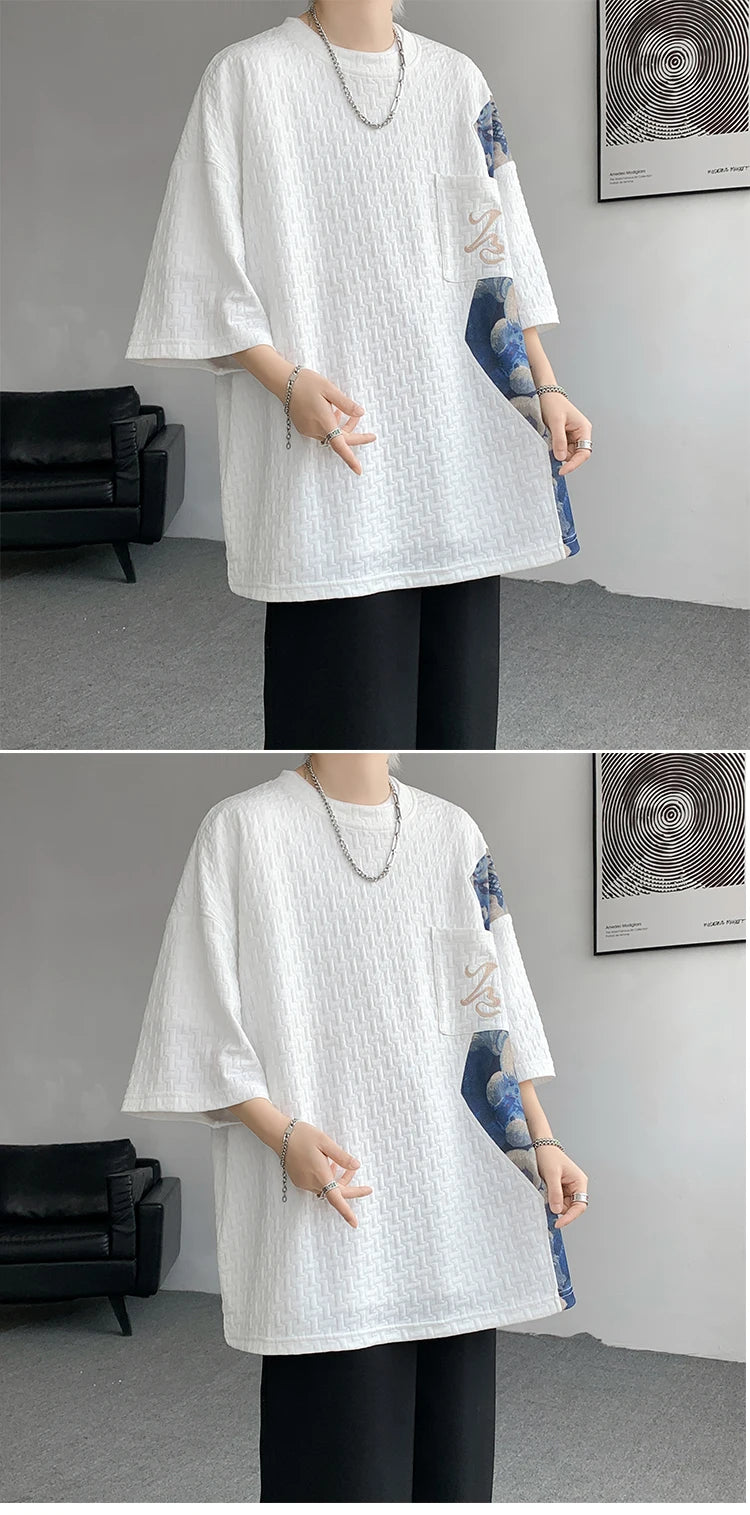 Patchwork Contrast Color T Shirt Men Summer Fashion Top Tees Unisex Harajuku T-shirt Male Half Sleeve TShirts Blue White Black