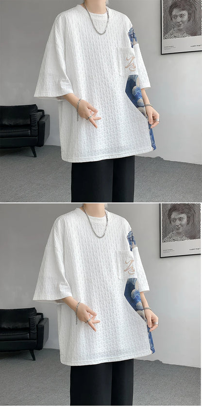 Patchwork Contrast Color T Shirt Men Summer Fashion Top Tees Unisex Harajuku T-shirt Male Half Sleeve TShirts Blue White Black