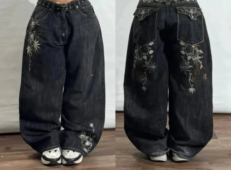 Cherry Blossom Selvedge Embroidery Denim Pants Y2K Retro Men Casual Baggy Straight Wide Leg Jeans High Quality Hiphop Streetwear