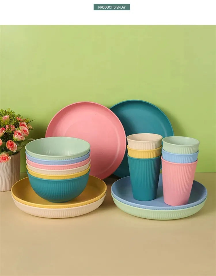 Eco-Friendly Wheat Straw Dinnerware Set - 4pcs Plates Cups Bowls for Home  Outdoor Use