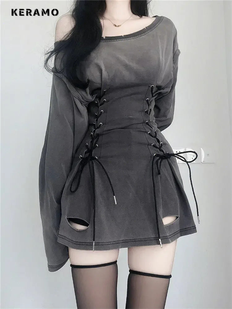 New Fairycore Grunge Goth Corset Dress Women Aesthetic Harajuku Streetwear Bandage Slim Bodycon Dress Y2k 90s Indie Clothes