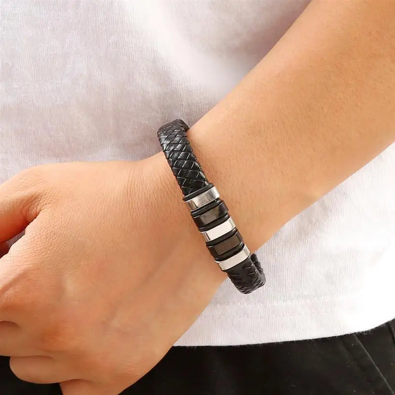 Punk Men Leather Bracelet with Stainless Steel Magnetic Clasp Braided Mutilayer Leather Wrapping Bangles Man Jewelry Gift