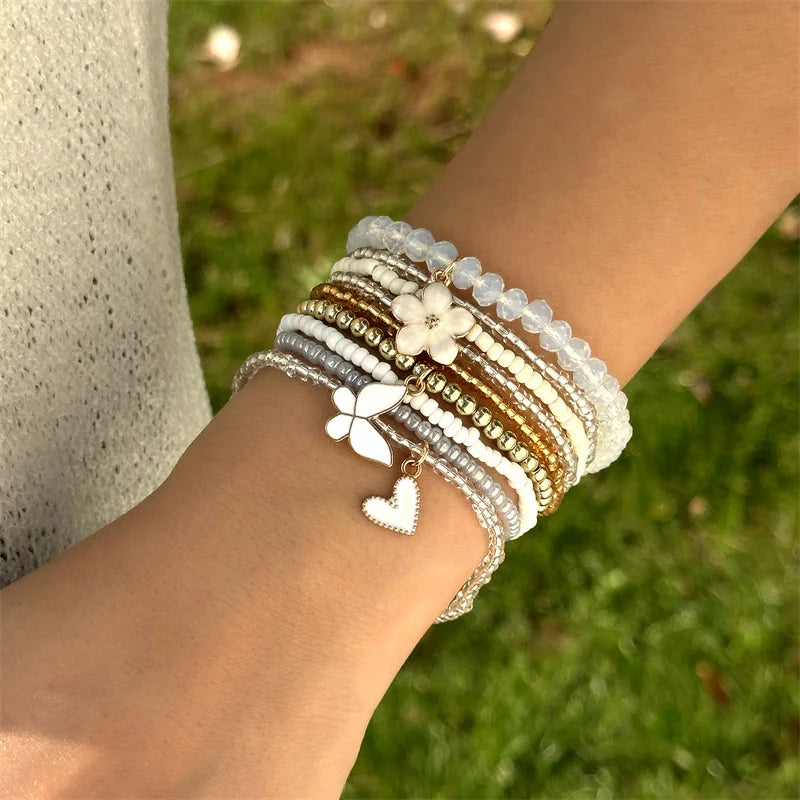 9pcs/set Bohemian Butterfly Flower Pendant Bracelet for Women Handmade Rice Beads Stacked Bracelet Summer Beach Party Jewelry