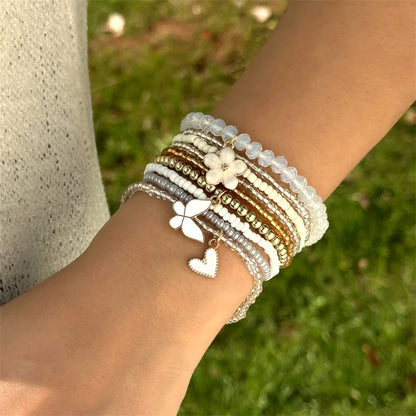 9pcs/set Bohemian Butterfly Flower Pendant Bracelet for Women Handmade Rice Beads Stacked Bracelet Summer Beach Party Jewelry