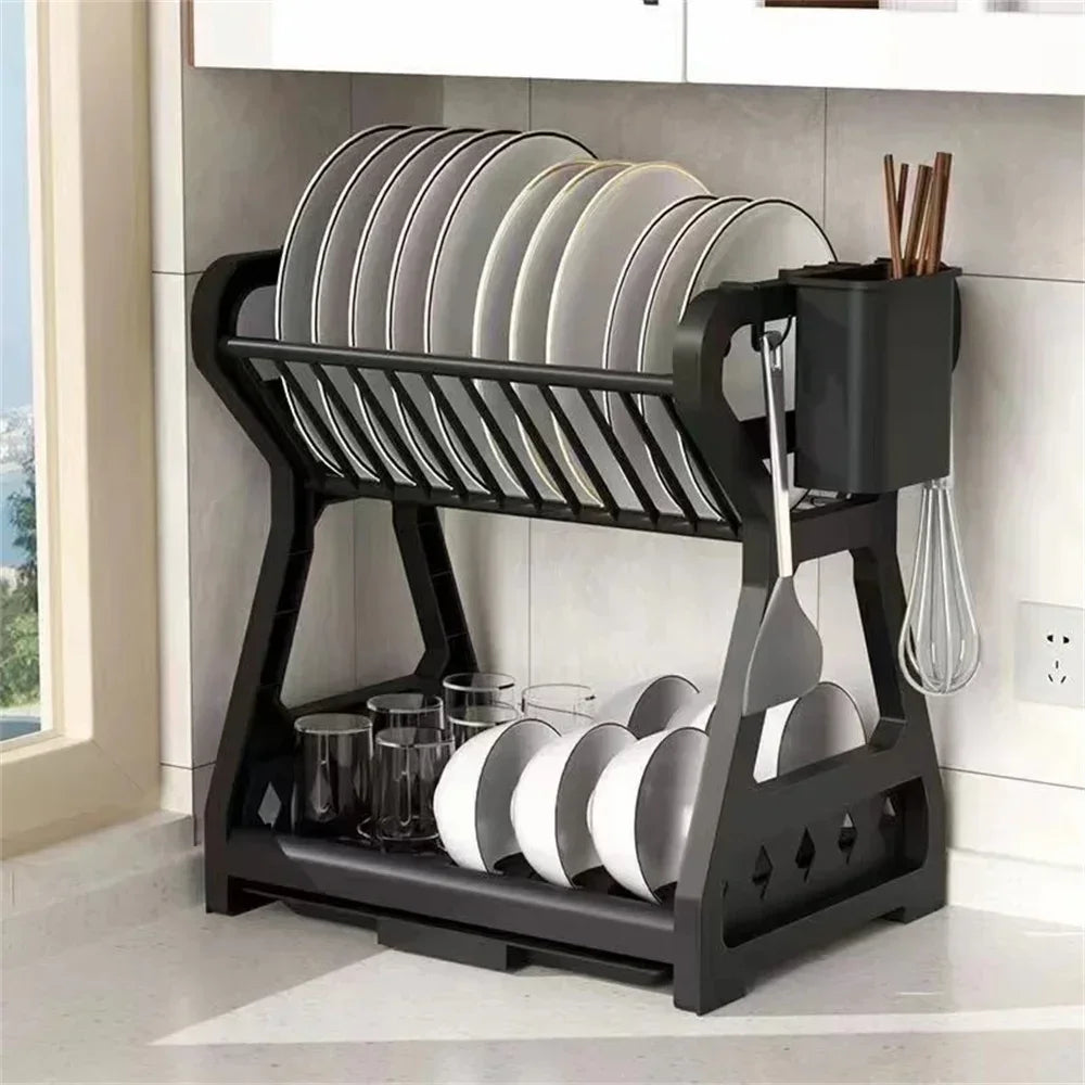 2-Tier Dish Drying Rack Kitchen Countertop Drainer Shelf Large Capacity Bowl Plate Organizer Space Saver with Utensil Holder