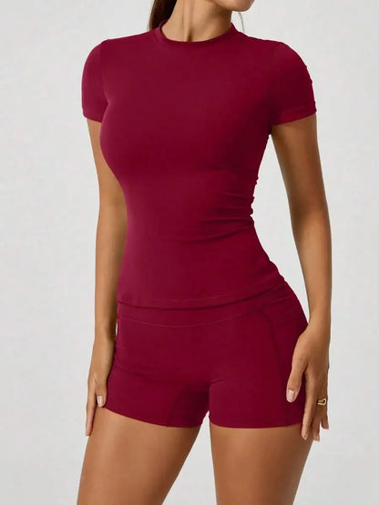 Women's Sweet Sports Short Sleeve High Waist Tummy Control Butt Lifting Shorts Set