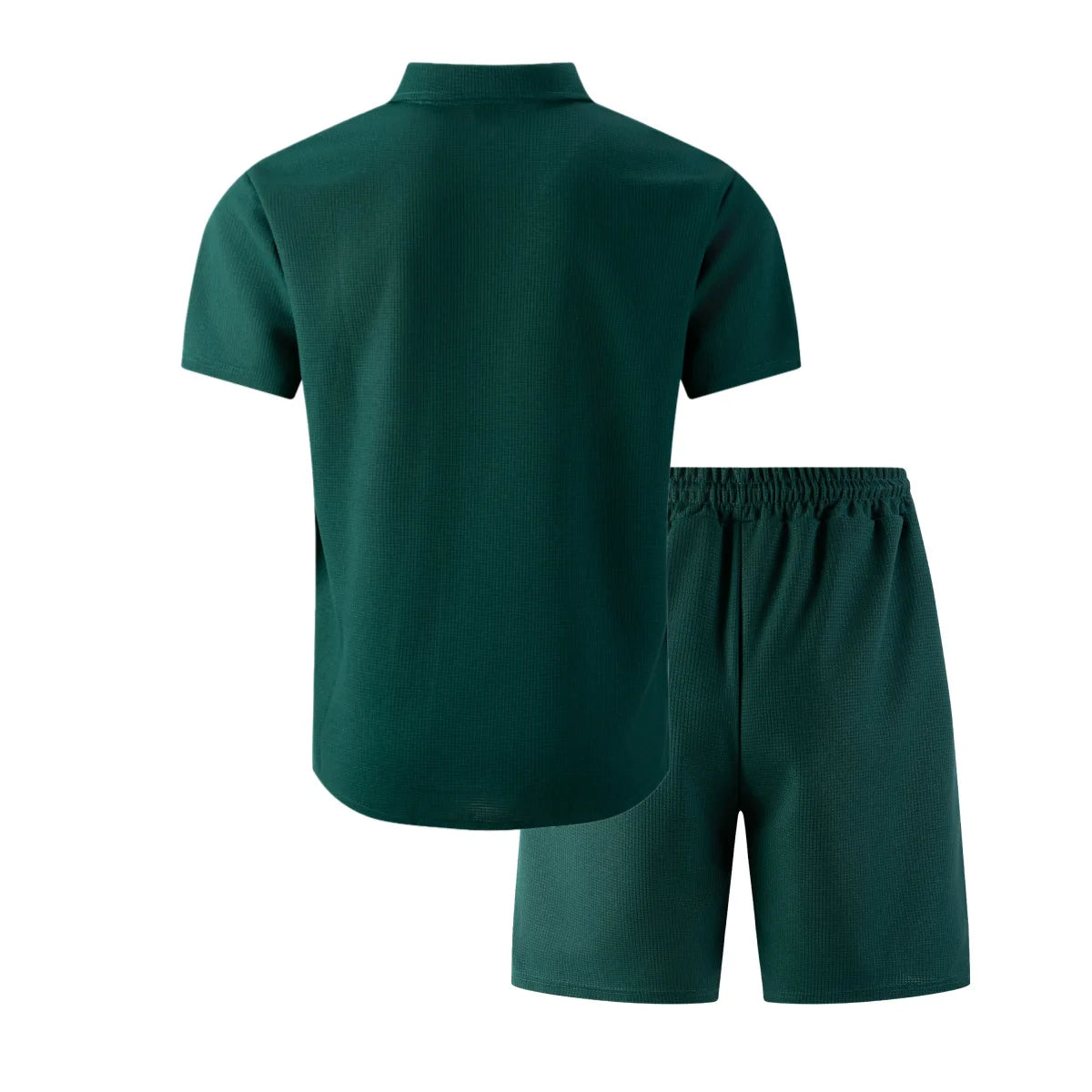 Summer New Men Waffle Knit Polo Solid Color Lapel Short Sleeve Cardigan Shirt Pocket Shorts Set Casual 2 Piece Outfit For Male