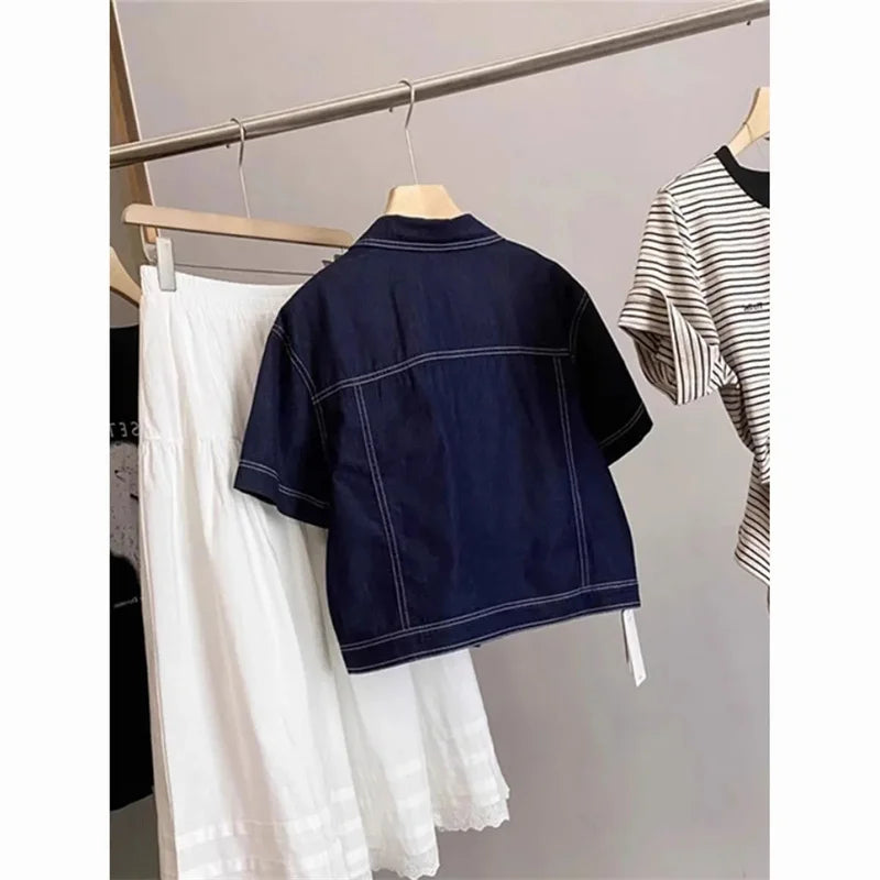 Deep Blue Retro Short Denim Shirts 2026 New Spring Summer Short Sleeved Loose Jeans Jacket Women Korean Versatile Outwear Tops