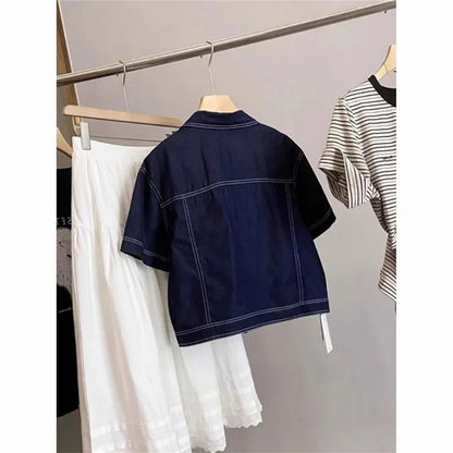Deep Blue Retro Short Denim Shirts 2026 New Spring Summer Short Sleeved Loose Jeans Jacket Women Korean Versatile Outwear Tops