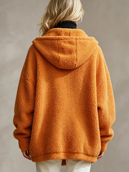 Women Loose Teddy Fleece Coat Hooded Zip Up Solid Orange Warm Sherpa Outerwear Fall Winter Daily Street Casual Jacket