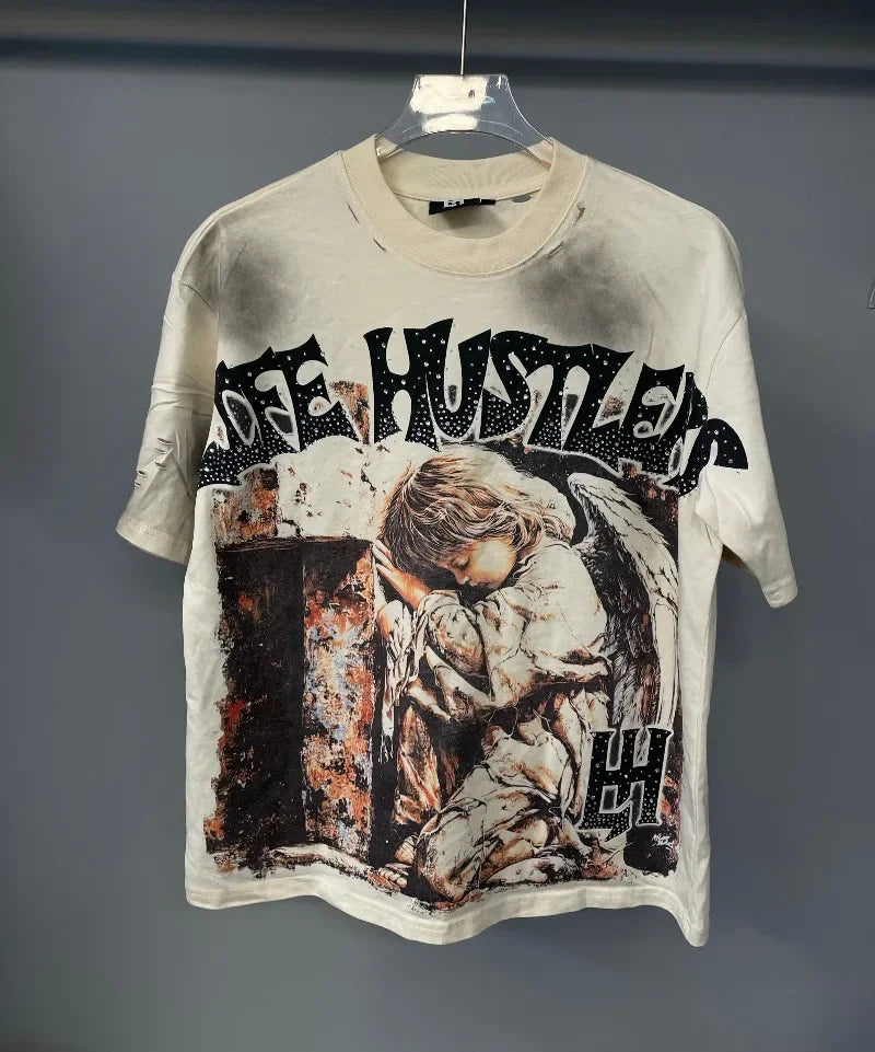 26SS Y2K High Quality American Retro Trendy Fashion Tops LIFE HUSTLERS 100% cotton large size loose Men's Women's T-Shirt