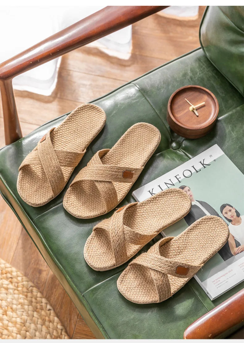 Men Shoes Slippers Linen Home Indoor Open Toe Flat Shoe Beach Slippers Striped Spliced Rubber Sandals Zapatillas Hombre