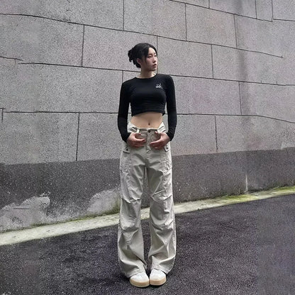Multi-Pocket Casual Pants Female Straight Cargo Trousers Spring Summer Versatile Solid Color Pants Trendy High Street Trousers