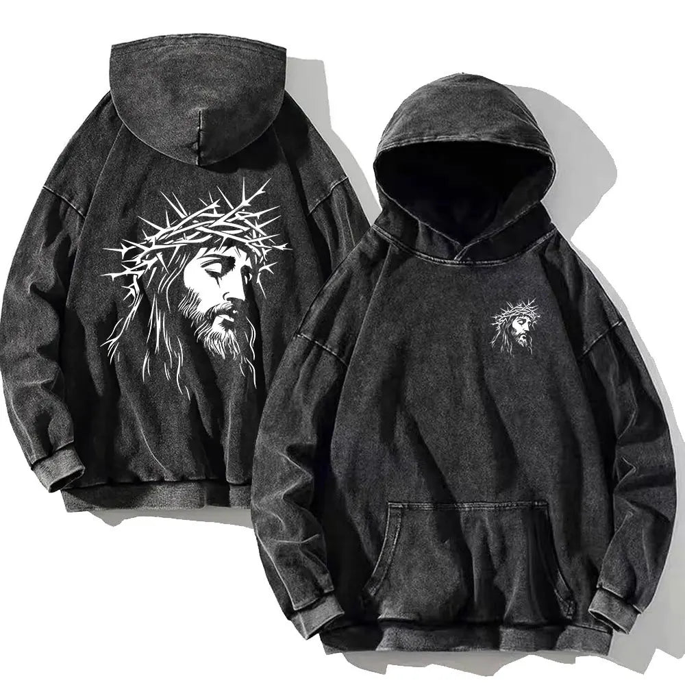 Vintage PSALM 91:11 Print Cotton Washed Hoodie Casual Hip Hop Men Women High Street Retro Hooded Sweatshirt Winter Pullover