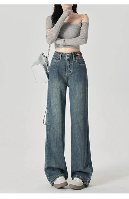 Women's Narrow Cut Wide Leg Jeans With High Waist And Hanging Feeling Straight Leg Casual Look Slim Contrasting Colors Pants