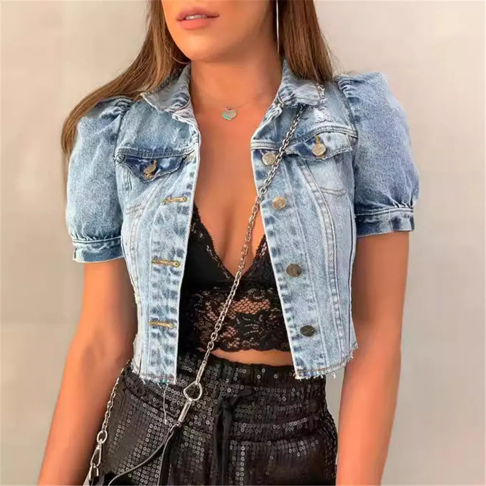 Women Crop Denim Jacket Fashion Vintage Retro Holes Puff Short Sleeve Pockets Coat Top Female Casual Short Clothes Streetwear