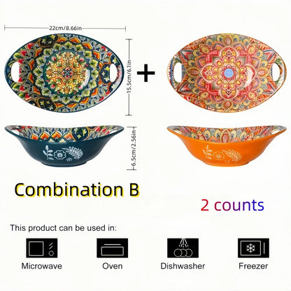 Bohemian Ceramic Salad Bowl Set - Microwave Safe Stackable Oval Plates with Handle 2PCS