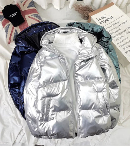 Streetwear Fashion Bright Silver Puffer Jackets for Men Thicken Winter Mens Coats Casual Hooded Cotton Wadded Heated Jacket Men