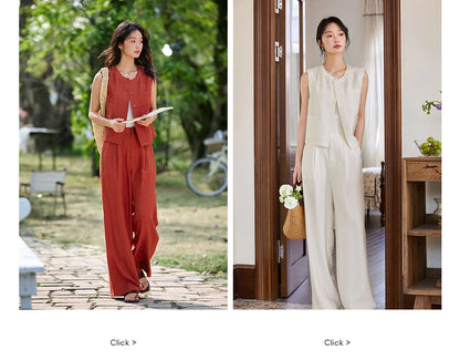 VIMLY Linen Blend Pant Set Two Piece Old Money Style Woman Summer Outfits 2026 Sleeveless Vest Wide Legs Pants Lady Suit A0820