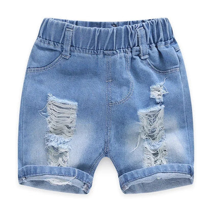 Kids Denim Boy Shorts - Casual Torn Jeans Knee Length Elastic Waist Fashion Trousers 2-8Y