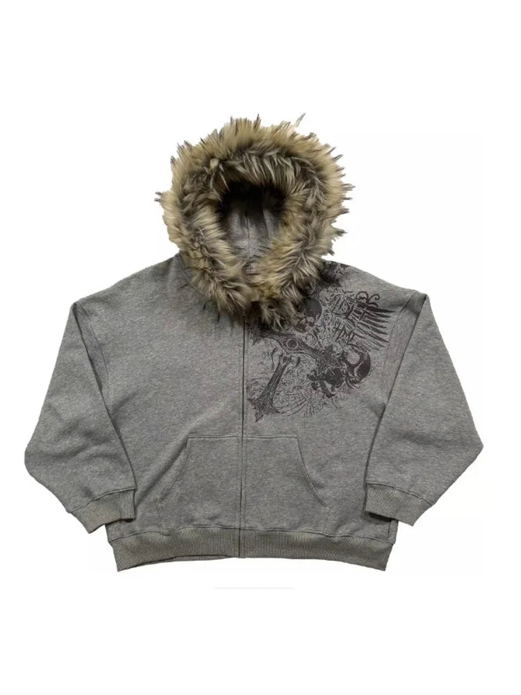 Autumn Winter Y2k Women Aesthetic Harajuku Faux Fur Collar Hoodies Clothes Graphic Hip Hop Punk Gothic Zip Up Hoodies 2026 new