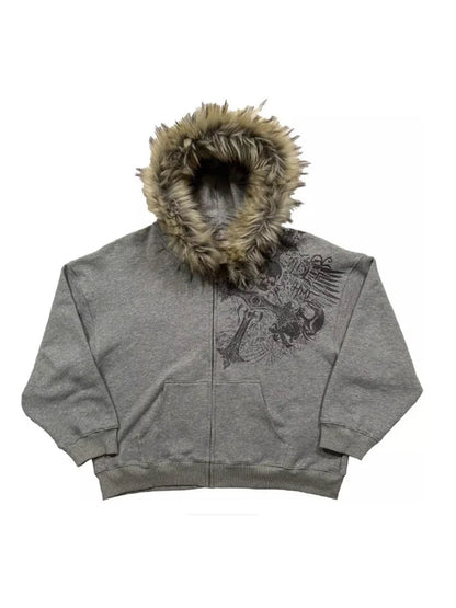 Autumn Winter Y2k Women Aesthetic Harajuku Faux Fur Collar Hoodies Clothes Graphic Hip Hop Punk Gothic Zip Up Hoodies 2026 new