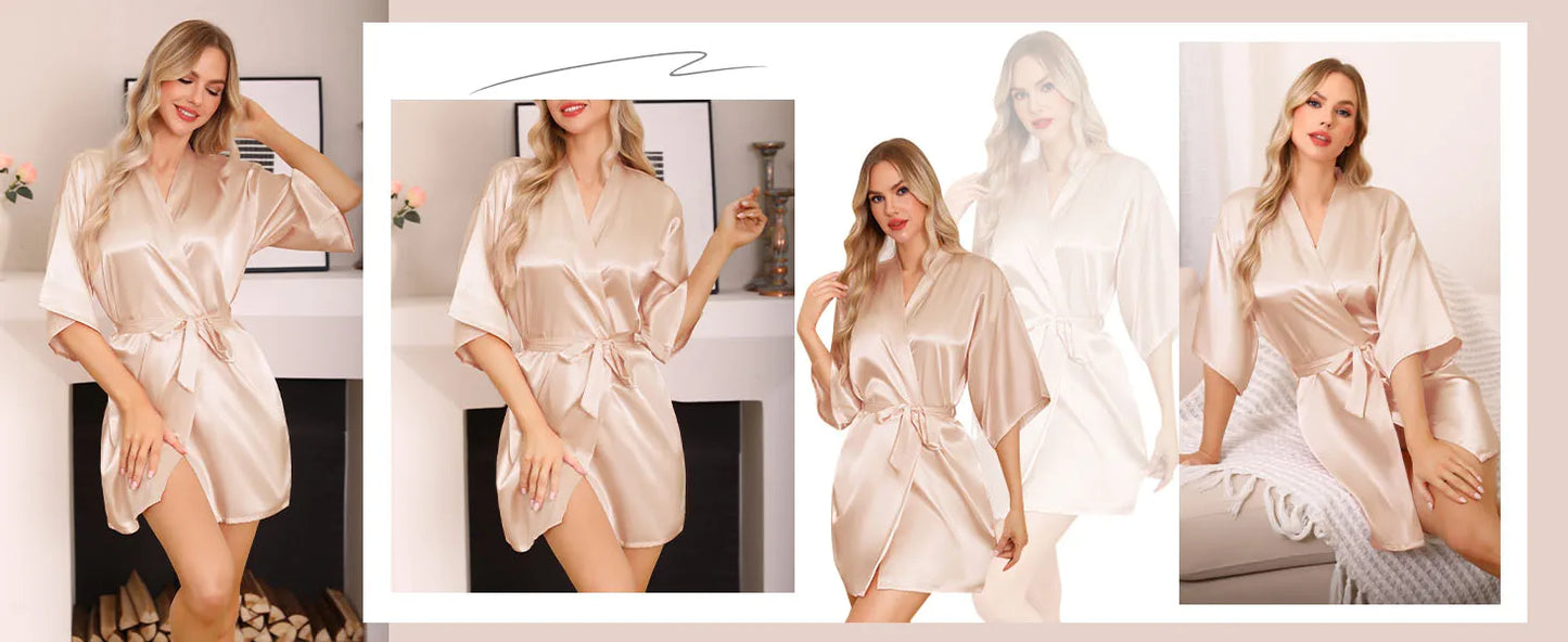 Nightgown Soft Bathrobe Short Women's Lounge Bride Bridesmaid Morning Gown Solid Color Wedding Party Silky Robes Summer
