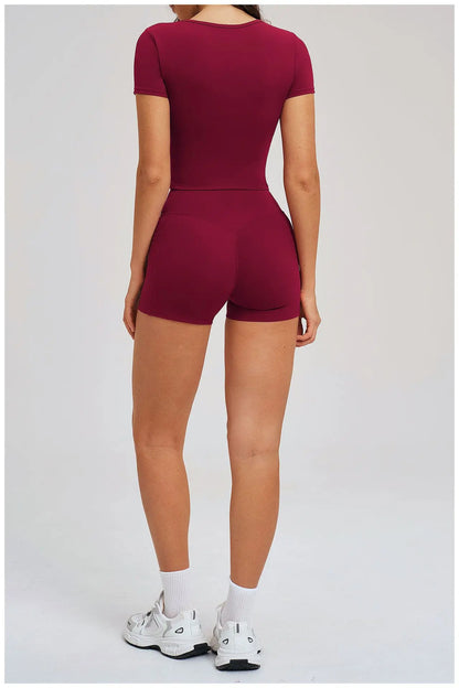 2 Pieces Workout Sports Sets Fitness Set Women Tracksuit Workout Outfits Running Sports Shorts Gym Suit Short Sleeve Yoga Top