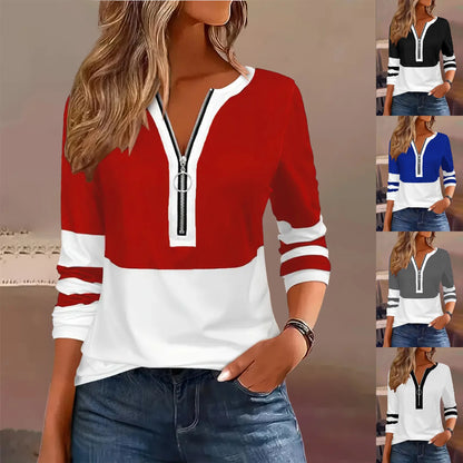 Plus Size Long Sleeve T-Shirt – Loose Fit Striped Top with Color Block Zipper