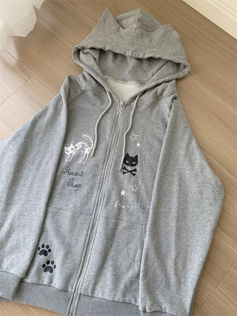 Zipper Hoodie Gothic Cartoon Kawaii Cat Ear Y2k Jacket Zip Up Thin Coat Spring Autumn Cute Core 2000s Clothes Fall Sweatshirts
