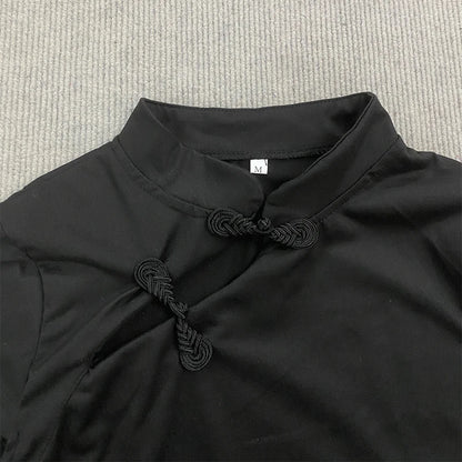 Women's Beige Chinese Style Cheongsam Blouse Vintage Mandarin Collar Short Sleeve Crop Top with Frog Button Keyhole Asymmetrical