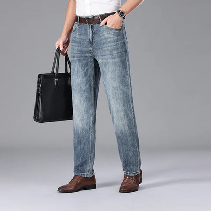 2026 Summer High Quality Brand Cloth Business Casual Men's Lightweight Straight Loose Jeans Classic Retro thin cotton trousers