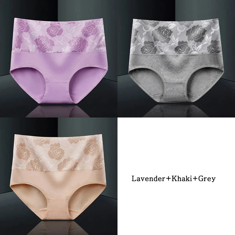 Plus Size L-5XL Women's Briefs Underwear Cotton High Waist Tummy Control Panties Rose Jacquard Ladies Panty Multipack