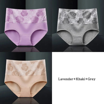 Plus Size L-5XL Women's Briefs Underwear Cotton High Waist Tummy Control Panties Rose Jacquard Ladies Panty Multipack
