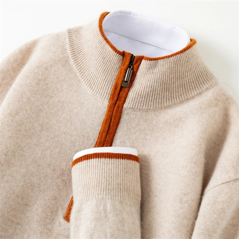 Men's 100% Cashmere Pullover Sweater Autumn/Winter Business Leisure Color Block Knitted Loose Fit Half High Collar Zipper Top
