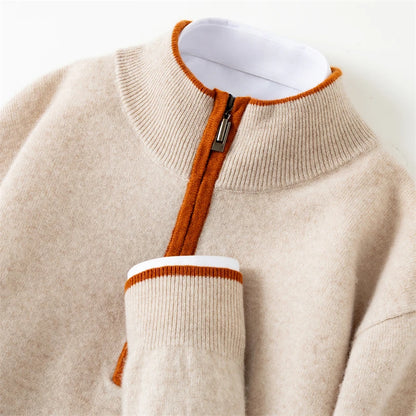 Men's 100% Cashmere Pullover Sweater Autumn/Winter Business Leisure Color Block Knitted Loose Fit Half High Collar Zipper Top