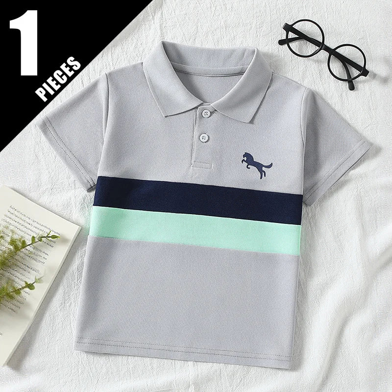 1/2/3 piece set of children's striped multi-color POLO short sleeved boy handsome casual lapel button top versatile sports T-shi