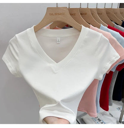Summer Sexy V-neck Slim T Shirt Women Cotton Basic Solid Crop Tops Female Casual Tops Short Sleeve T-shirts 2026