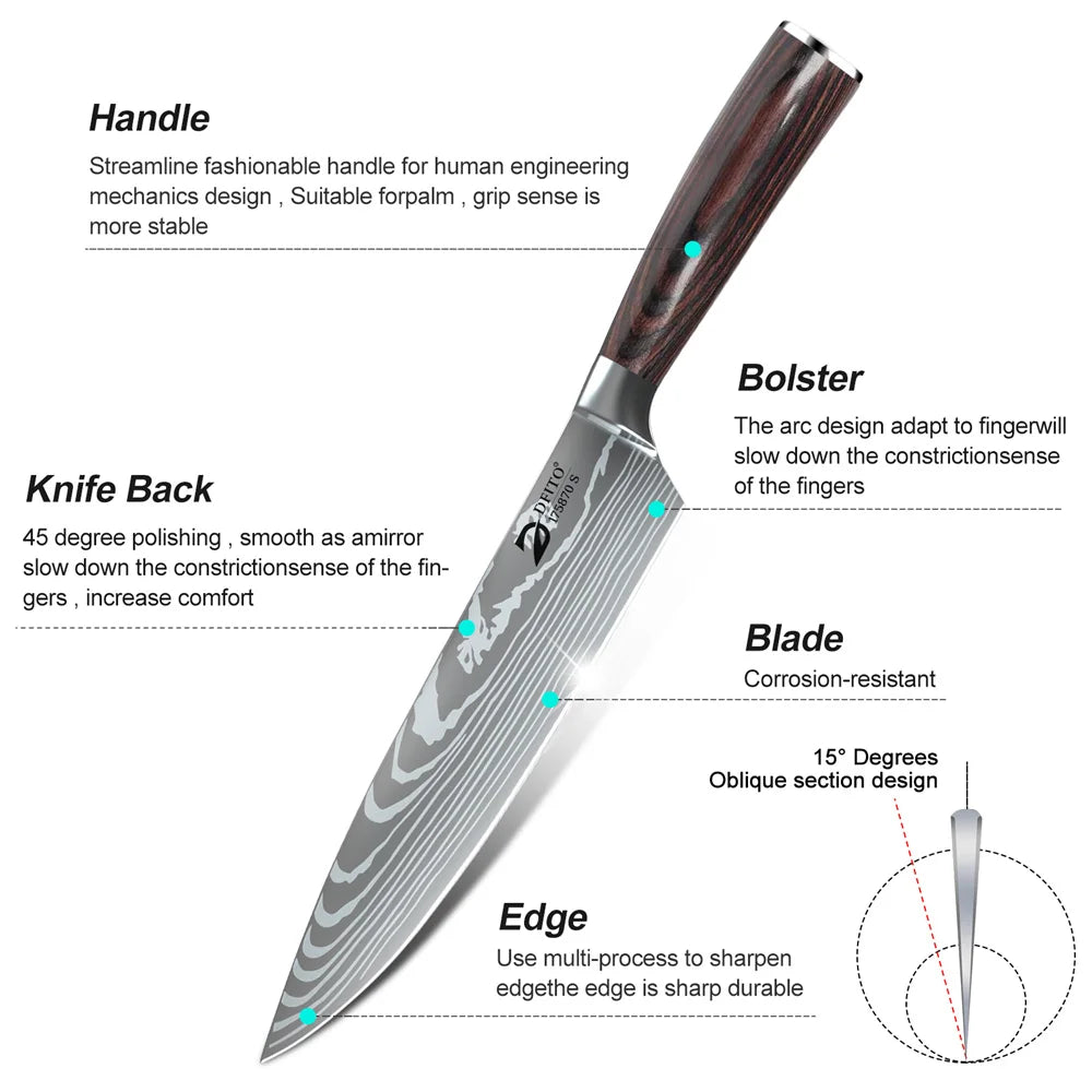 Damascus Steel Kitchen Knife Set - 8-Piece Chef Utility Paring Boning Cleaver Santoku with Nylon Bag