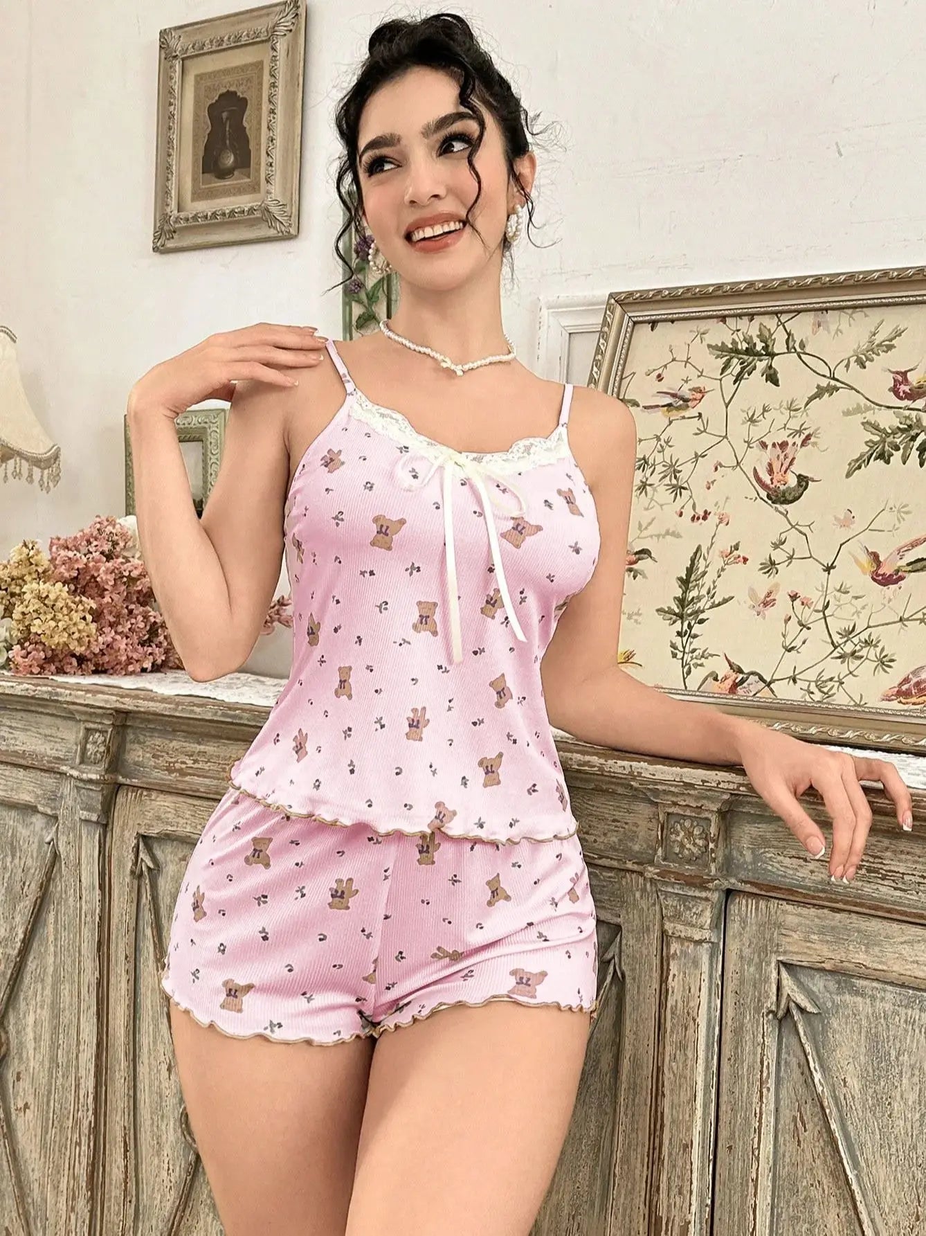 Y2K Cute Teddy Bear Ribbed Pajama Set Womens Cami Top and Shorts Two Piece Loungewear Lace Trim Lettuce Hem Sleepwear Bow New
