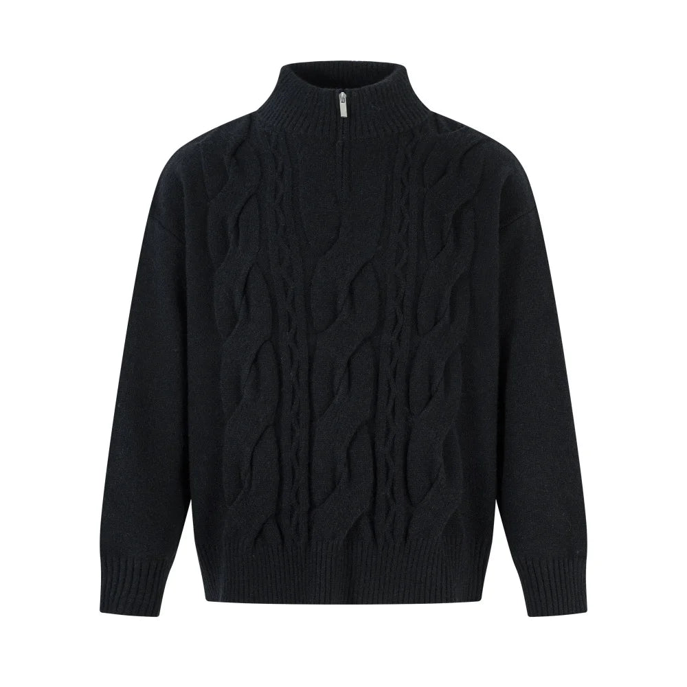 Solid Color Jacquard Sweater Mens Autumn Winter Casual Loose Half Zipper Long Sleeve Sweater Man
