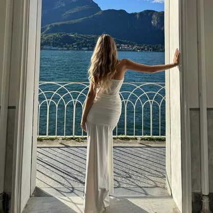 Luxury Evening Dress - White Velvet Strapless Mermaid Gown With Sequins