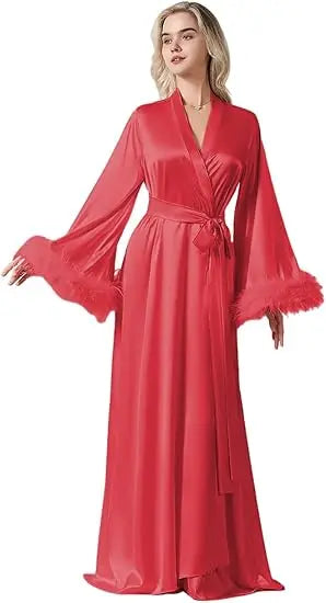 Long Feather Sleeve Bathrobe Sexy Ice Silk Kimono Wedding Bride Dress Women Loose Sleepwear Loungewear Casual Nightgown