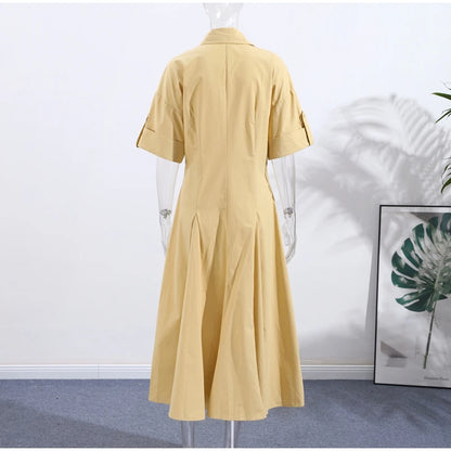 Women Summer Dress - Casual Striped Long Half Sleeve Slim Waist Mid-Calf Robe
